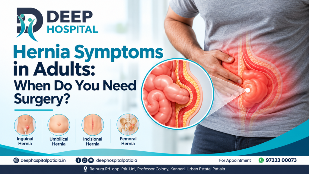 Medical illustration showing hernia symptoms in adults and common hernia types